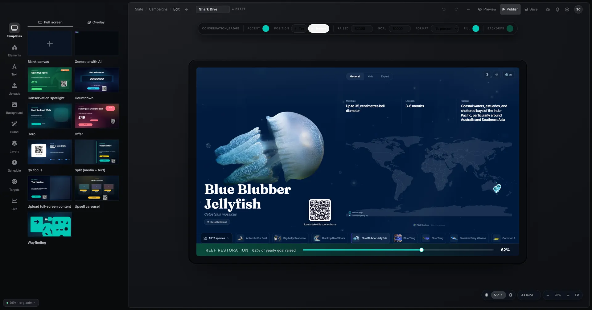 The campaign editor — template library, element canvas and live kiosk preview