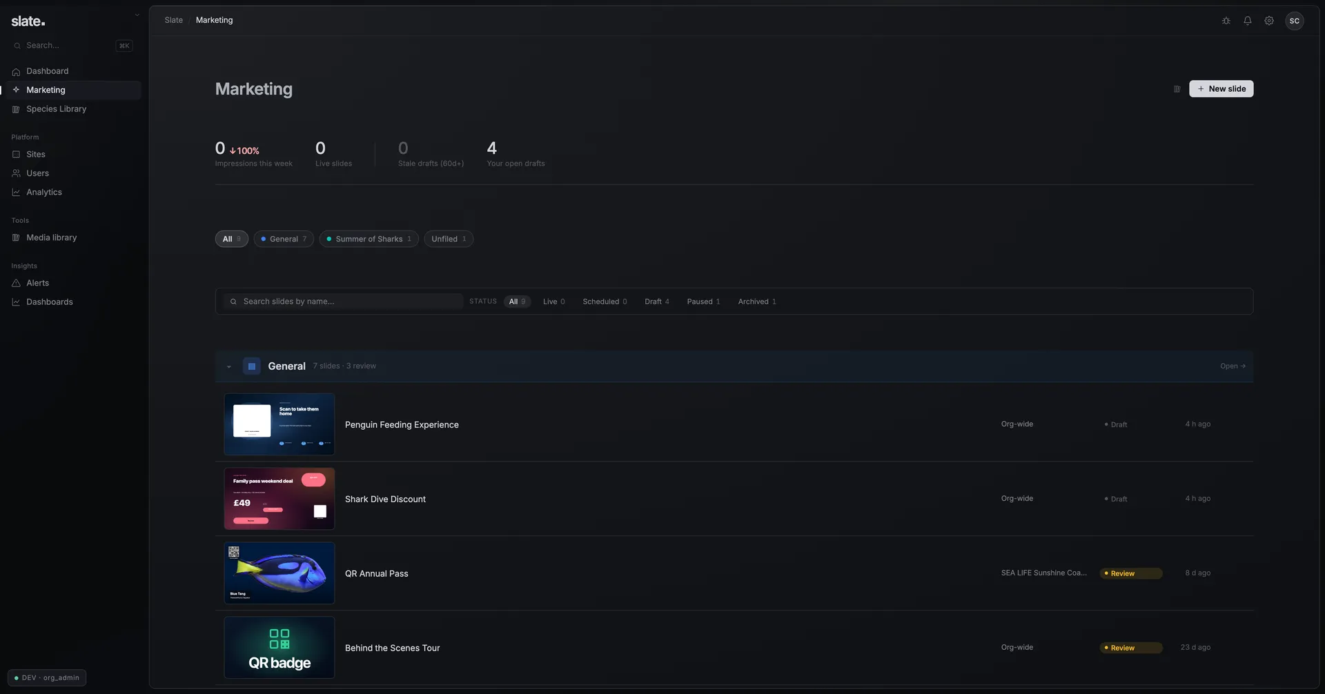 The Marketing dashboard — campaign groups, statuses and creative thumbnails