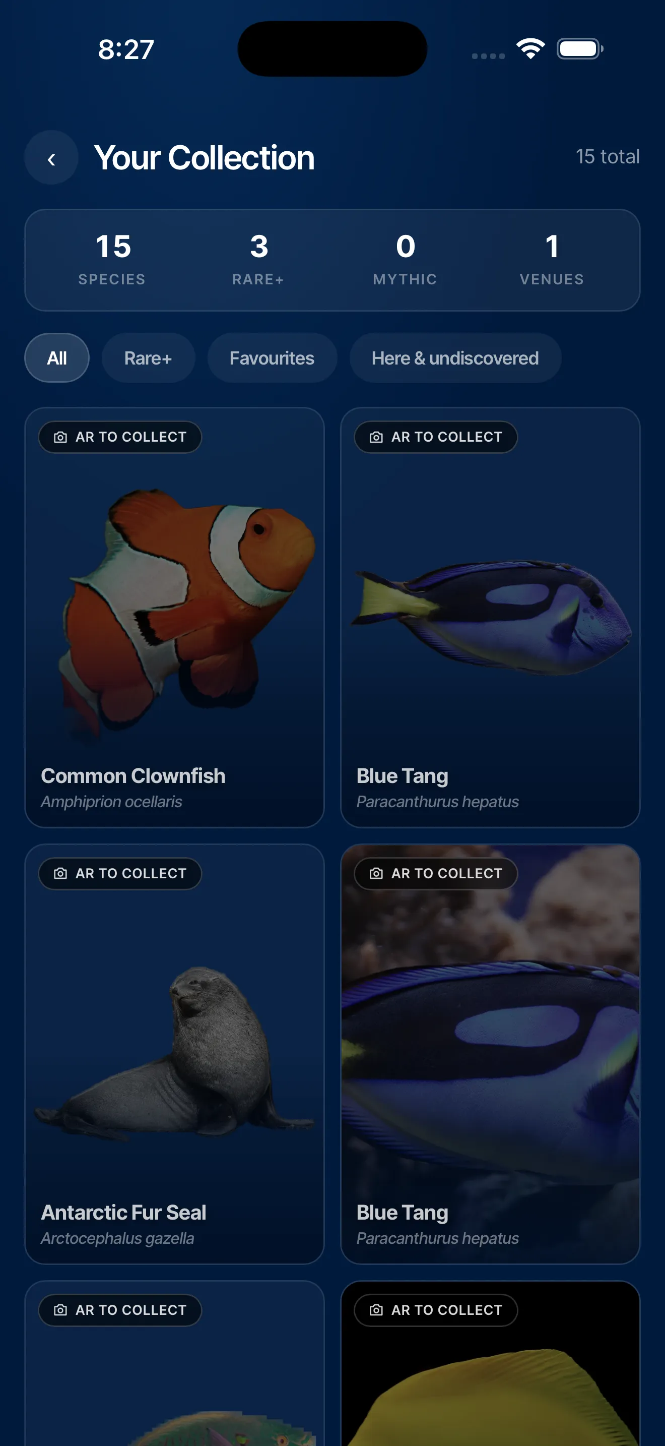 A visitor’s species collection in the Slate companion app