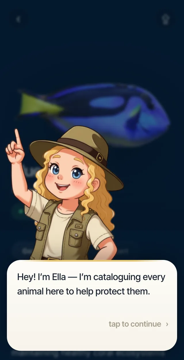 Ella, the Explorer field guide, welcoming a guest on a species page