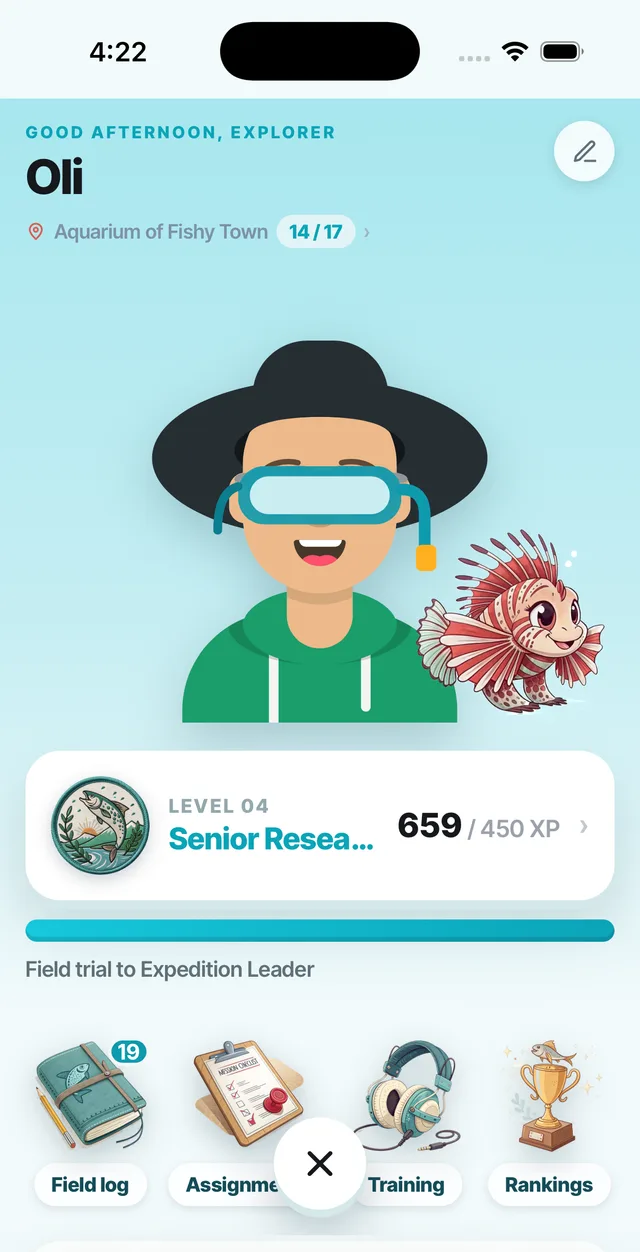 An Explorer profile — customised character, buddy species and the Senior Researcher rank